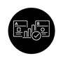 Minimalist vector icon of AB testing with two comparison panels and analytics checkmark white outline icon solid black circular background modern SaaS-1