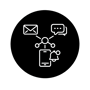 Minimalist vector icon of omnichannel marketing automation connecting email SMS and mobile notification symbols white outline icon solid black circula