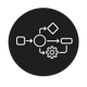 Minimalist vector icon of workflow automation diagram with connected nodes and directional arrows white line icon on black circular background clean o